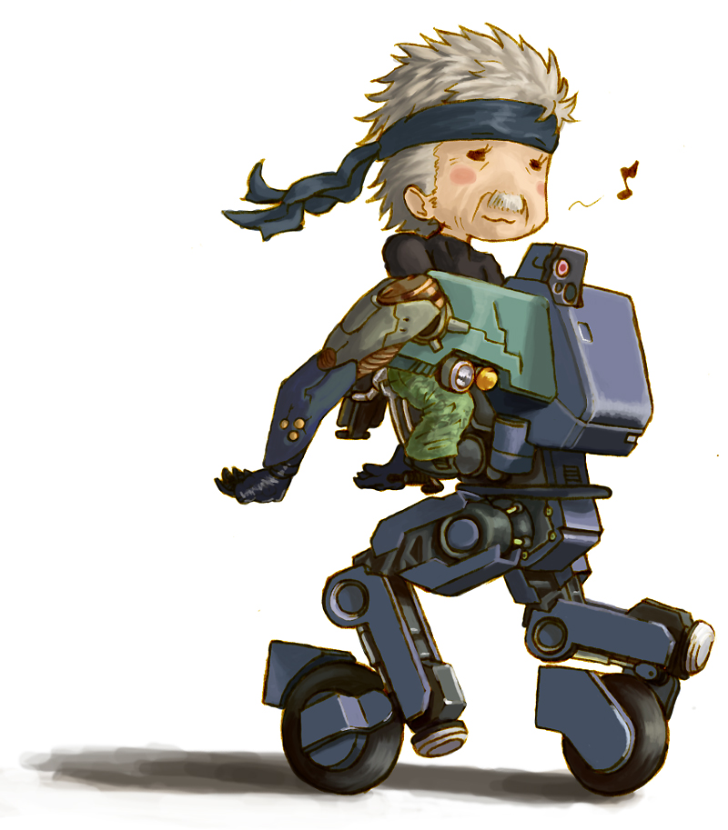 chibi, eyelashes, facial_hair, male, mecha, metal_gear, metal_gear_mk_2, metal_gear_solid, metal_gear_solid_4, mustache, old_man, old_snake, parody, rideback, solid_snake, walker