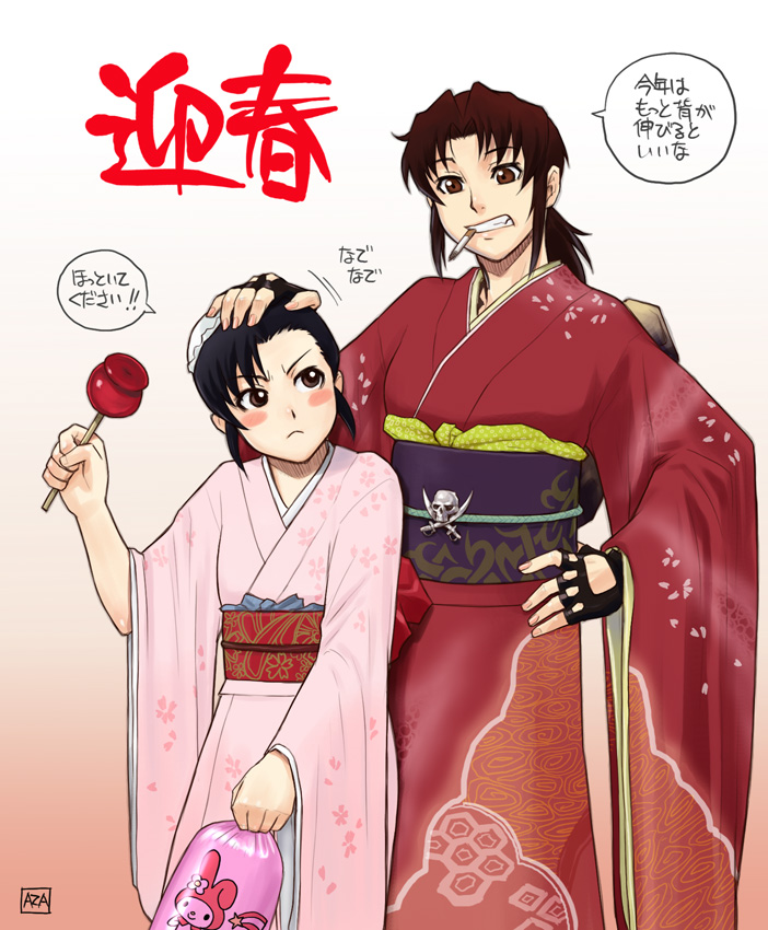 2girls, azasuke, black_hair, black_lagoon, blush_stickers, brown_eyes, brown_hair, cancer