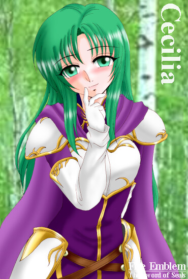 1girl, armor, cape, cecilia_(fire_emblem), character_name, copyright_name, elbow_gloves, fire_emblem, fire_emblem:_fuuin_no_tsurugi, gloves, green_eyes, green_hair, hissaa_(starlight_express), long_hair, solo, starlight_express