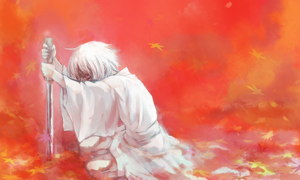 androgynous, autumn, ichi, japanese_clothes, kimono, leaf, original, pocchin, red_eyes, solo, white_hair