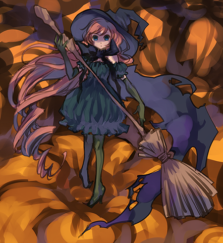 1girl, black_dress, blue_eyes, broom, brown_hair, bubble_skirt, dress, elbow_gloves