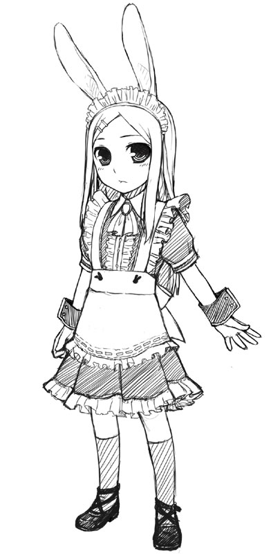 1girl, animal_ears, female, full_body, hito, maid, monochrome, rabbit_ears