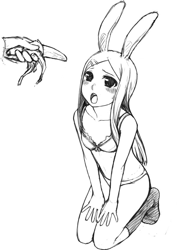 1girl, animal_ears, bra, hito, lingerie, monochrome, original, panties