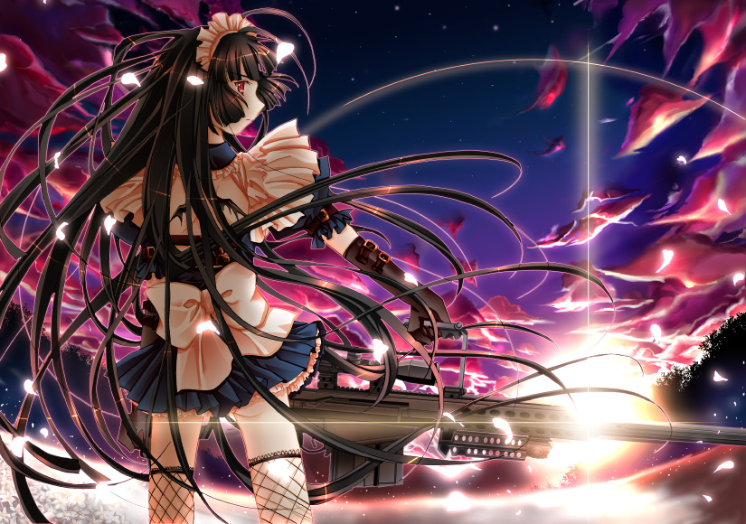 1girl, barrett, black_hair, combat_maid, elbow_gloves, glaring, gloves, gun