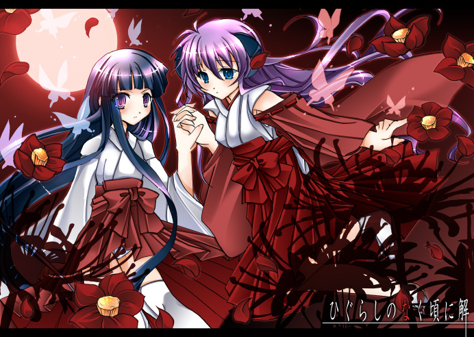2girls, butterfly, flower, furude_rika, hakama, hanyuu, higurashi_no_naku_koro_ni, japanese_clothes