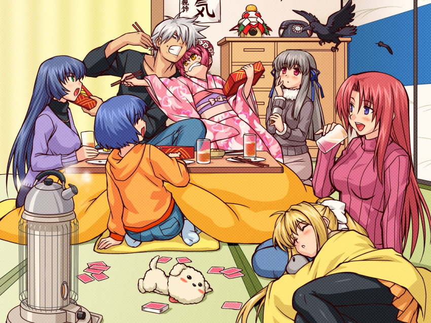 1boy, 6+girls, air, bird, blonde_hair, crow, food_fight, highres