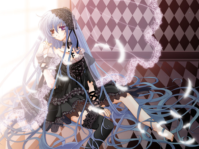 1girl, blue_hair, gothic_lolita, lolita_fashion, long_hair, sakayaki_(burning_soul), solo, thigh-highs