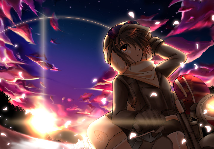 00s, 1girl, androgynous, clouds, fur_hat, goggles, ground_vehicle, hat