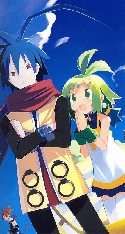 1boy, 2girls, ash_(phantom_brave), bat_wings, blue_hair, bracelet, demon_girl, demon_tail