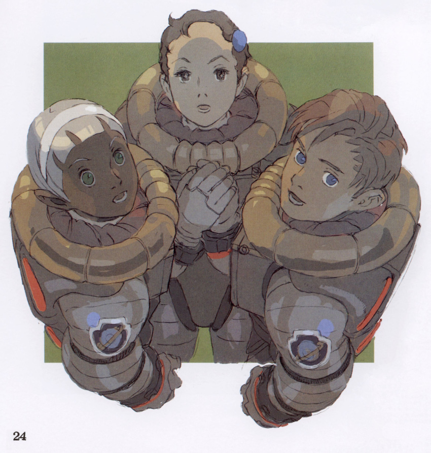 1girl, 2boys, absurdres, artbook, astronaut, fran_doll, gundam, highres, keith_laijie, loran_cehack, multiple_boys, scan, spacesuit, turn_a_gundam, yasuda_akira