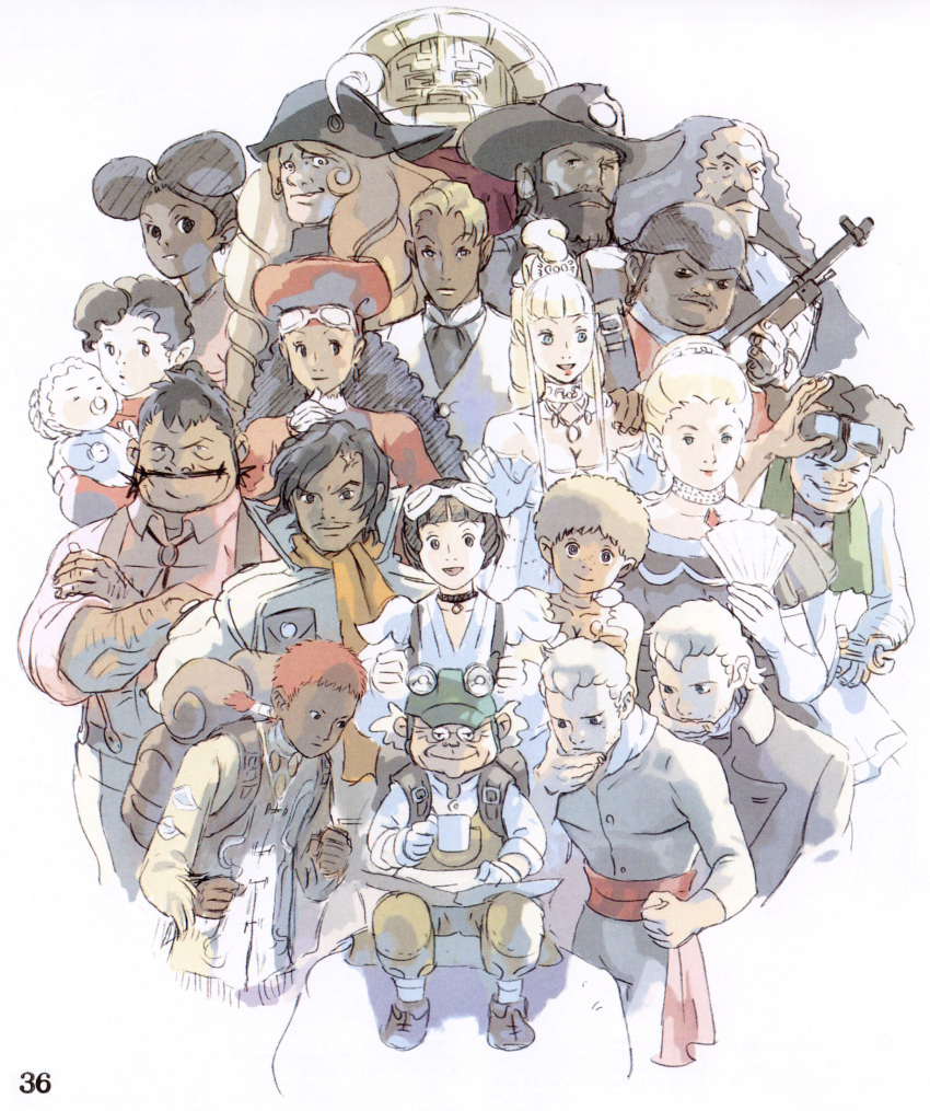 6+boys, 6+girls, absurdres, artbook, character_request, dylan_heim, everyone, gavane_gooney, goggles, guin_sard_lineford, gundam, highres, joseph_yaht, kihel_heim, ladderrum_kune, lily_borjarnon, mallygan, mayalito, miashei_kune, michael_gern, multiple_boys, multiple_girls, official_art, scan, sid_munzer, sochie_heim, turn_a_gundam, will_game, yanny_oviess, yasuda_akira