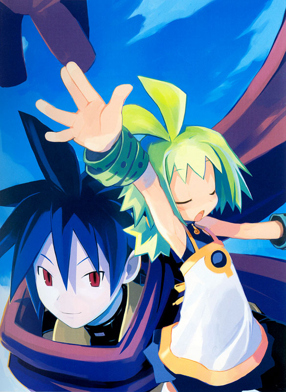 1boy, 1girl, ash_(phantom_brave), blue_hair, bracelet, closed_eyes, dress, green_hair