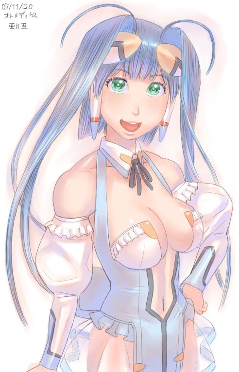 1girl, aoba_anoa, blue_hair, breasts, green_eyes, large_breasts, otomedius, solo