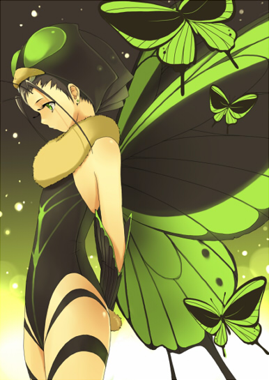 butterflies, butterfly_wings, earrings, elbow_gloves, fairy, flat_chest, gloves, green_eyes
