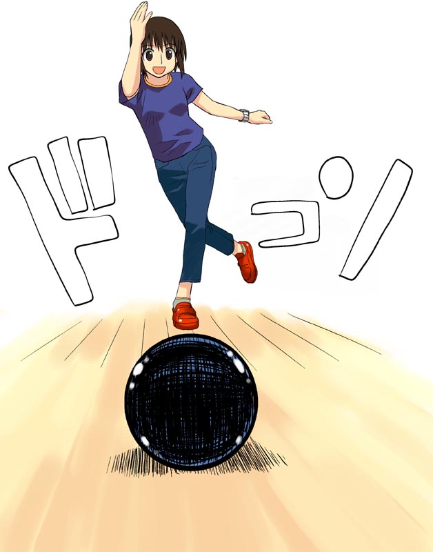 1girl, :d, arm_up, ayase_fuuka, ball, bangs, black_eyes, black_hair, bob_cut, bowling, breasts, clenched_hand, denim, eyebrows, full_body, happy, jeans, leg_lift, legs_crossed, looking_at_viewer, open_mouth, outstretched_arm, pants, shadow, shirt, shoes, short_hair, short_sleeves, small_breasts, smile, solo, standing, standing_on_one_leg, t-shirt, thick_eyebrows, throwing, watch, watch, yotsubato!