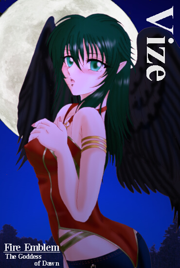 1girl, ass, bare_shoulders, black_hair, black_wings, breasts, character_name, copyright_name, erect_nipples, fire_emblem, fire_emblem:_akatsuki_no_megami, green_eyes, hissaa_(starlight_express), laguz_(race), medium_breasts, pointy_ears, solo, starlight_express, strapless, vika, wings