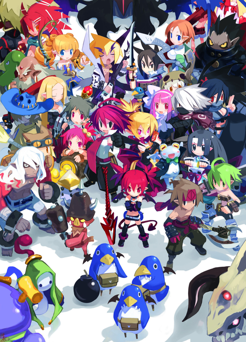 6+boys, 6+girls, adell_(disgaea), akutare_(disgaea), archer_(disgaea), armor_knight_(disgaea), axel_(disgaea), bat_wings, beast_master_(disgaea), black_pants, blonde_hair, demon_girl, detached_sleeves, disgaea, dragon_zombie_(disgaea), elbow_gloves, etna, everyone, female_warrior_(disgaea), flat_chest, flonne, flonne_(fallen_angel), fubuki_(disgaea), geomancer_(disgaea), ghost_(disgaea), gloves, gunner_(disgaea), hanako_(disgaea), harada_takehito, healer_(disgaea), highres, kunoichi_(disgaea), kurtis_(disgaea), laharl, mage_(disgaea), mageknight, magic_knight_(disgaea), makai_senki_disgaea_2, male_warrior_(disgaea), miniskirt, multiple_boys, multiple_girls, ninja_(disgaea), nippon_ichi, orc_(disgaea), pants, pointy_ears, prinny, red_eyes, redhead, rozalin, samurai_(disgaea), sinner_(disgaea), skirt, skull_(disgaea), succubus, tail, taro_(disgaea), thief_(disgaea), tink_(disgaea), warslug_(disgaea), wings, yukimaru