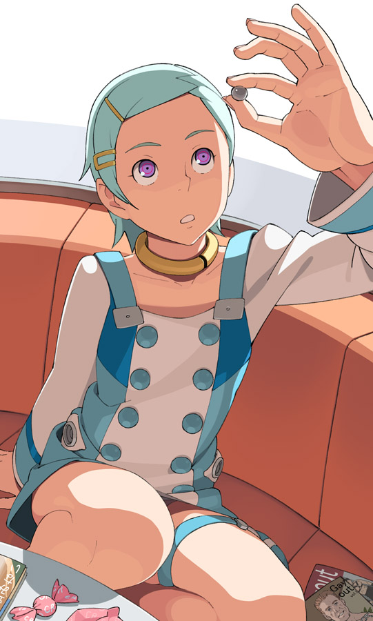 blue_hair, book, brand_name_imitation, brandname_parody, candy, collar, eureka, eureka_7, eureka_seven, eureka_seven_(series), go_robots, hair_ornament, hairclip, pink_eyes, purple_eyes, short_hair, sitting, solo, thigh_strap