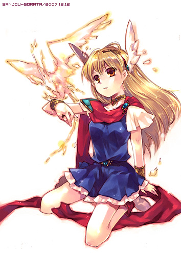 1girl, 90s, akazukin_chacha, arm_perch, bird, blonde_hair, chacha, chacha_(akazukin_chacha)