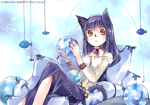 1girl, animal_ears, cat_ears, fish, long_hair, lowres, nail_polish, original