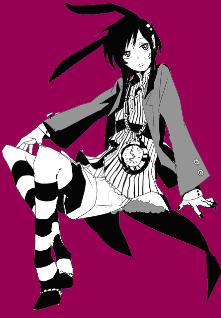 1girl, alice_in_wonderland, animal_ears, black_&amp;_white, color_background, footwear, jacket, kneehighs