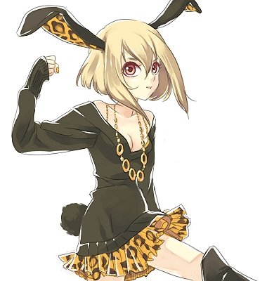 animal_ears, blonde_hair, lowres, miniskirt, rabbit_ears, red_eyes, rokka, rukka
