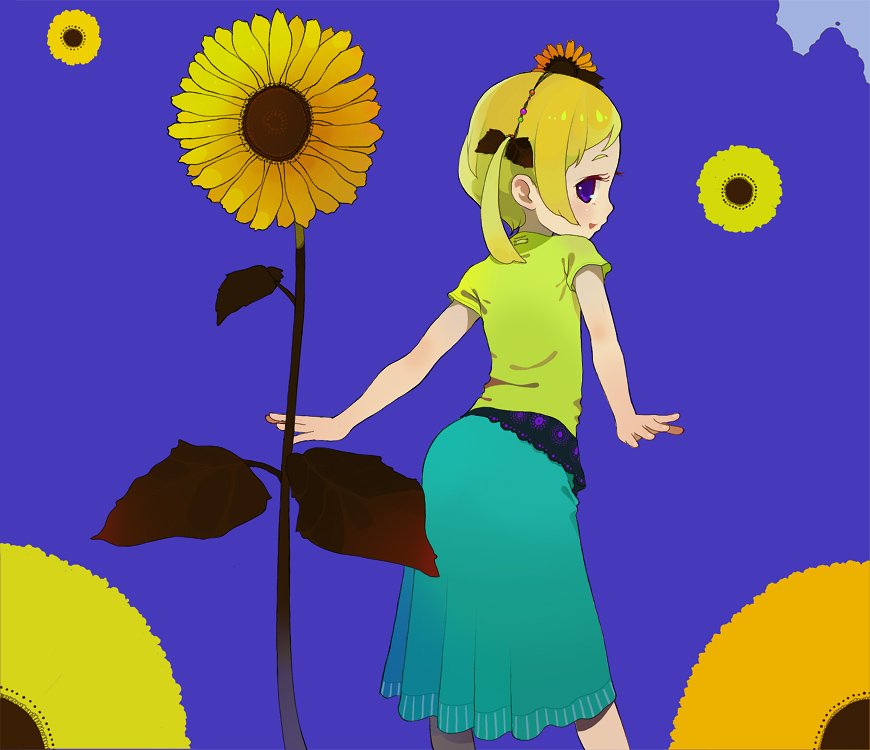 blonde_hair, flower, ichikawa, looking_back, ribbon, sunflower, violet_eyes