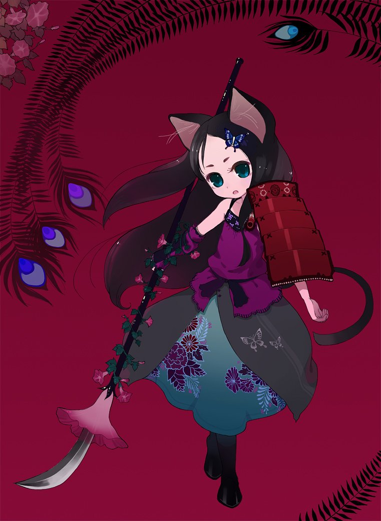 1girl, animal_ears, armor, black_hair, blue_eyes, butterfly, cat_ears, cat_tail
