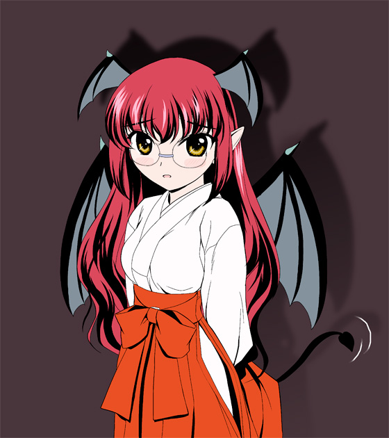glasses, japanese_clothes, koakuma, miko, tail, tail_wagging, touhou, yamaguchi_takashi