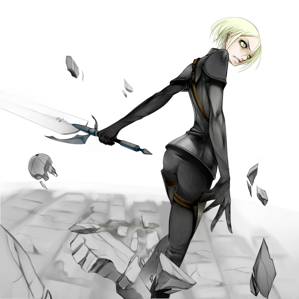 angry, claymore, claymore_(sword), helen, looking_back, short_hair, sword, weapon