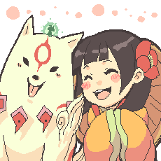 1girl, amaterasu, black_hair, blush, camelia, camille, child, closed_eyes