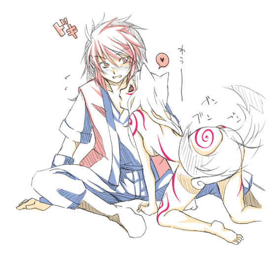 1boy, 1girl, amaterasu, animal_ears, blush, clothed_male_nude_female, couple, heart