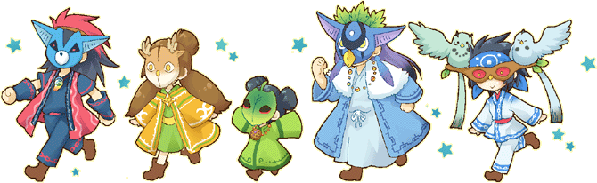 2boys, 3girls, animal, bird, chibi, kai_(ookami), lika, mask