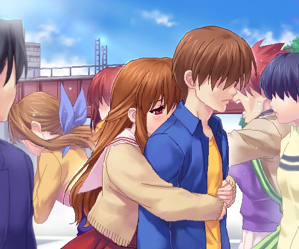 company_connection, crossover, furukawa_akio, furukawa_sanae, hug, key_(company), nagamori_mizuka, no_eyes