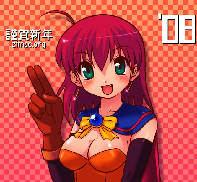 1girl, alice_wishheart, bow, breasts, cleavage, elbow_gloves, gloves, green_eyes, jimakku_(zimac), magical_halloween, medium_breasts, new_year, solo, yellow_bow