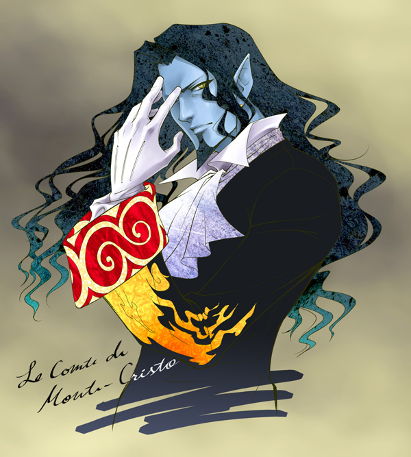 00s, 1boy, ascot, black_hair, blue_skin, count_of_monte_cristo, formal, gankutsuou