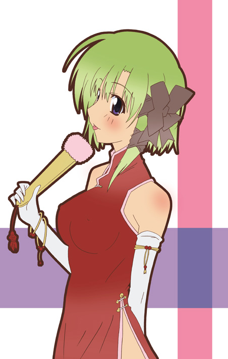 :p, arm_behind_back, blush, body_blush, china_dress, chinese_clothes, closed_fan, dress