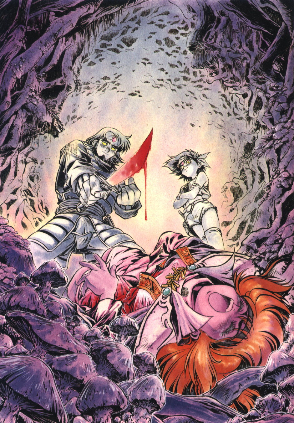 1boy, 2girls, 90s, araizumi_rui, blood, copy_rezo, erisiel_vrumugun, highres, injury, knife, lantz, lina_inverse, multiple_girls, open_mouth, screaming, slayers, stabbed, stabbing