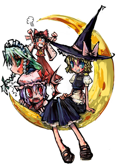 4girls, blonde_hair, crescent_moon, female, genocide_kitten, genocidekitten, green_eyes, hakurei_reimu