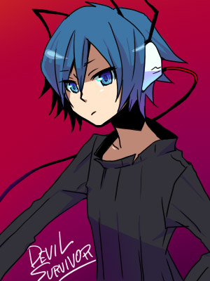 blue_eyes, blue_hair, devil_survivor_(series), devil_survivor_1, headphones, kanaya, lowres, protagonist_(devil_survivor), short_hair