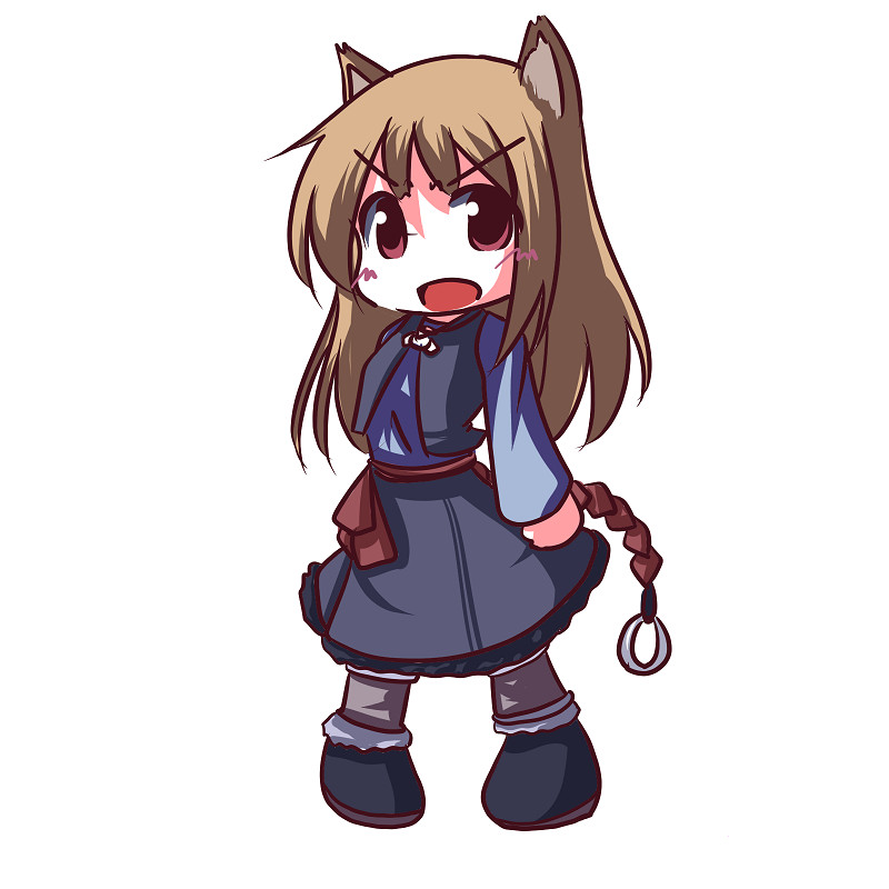 1girl, animal_ears, chibi, fictional_sister, holo, okami_to_koshinryo, simple_background, solo, spice_and_wolf, wolf_ears