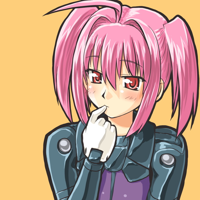 blush, busou_shinki, dd_(ijigendd), doll_joints, eukrante, finger_to_mouth, pink_hair, red_eyes, twintails