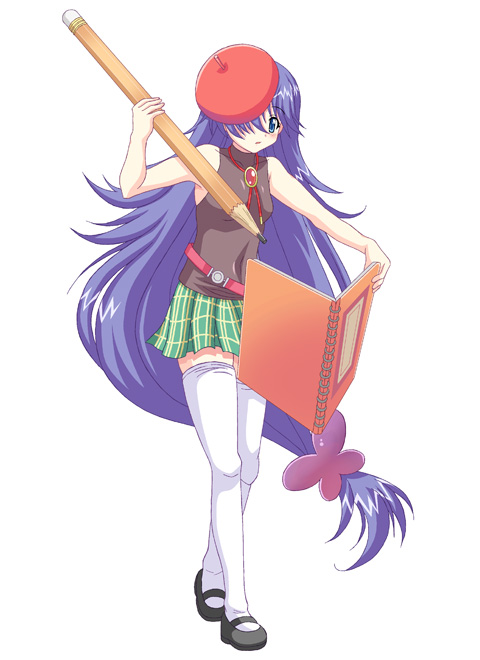 1girl, belt, beret, blue_eyes, blue_hair, blush, book, galzoo_island