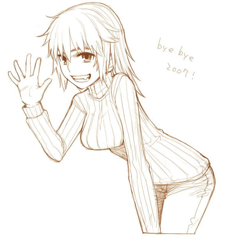 00s, 1girl, 2007, fang, grin, gunslinger_girl, leaning_forward, monochrome