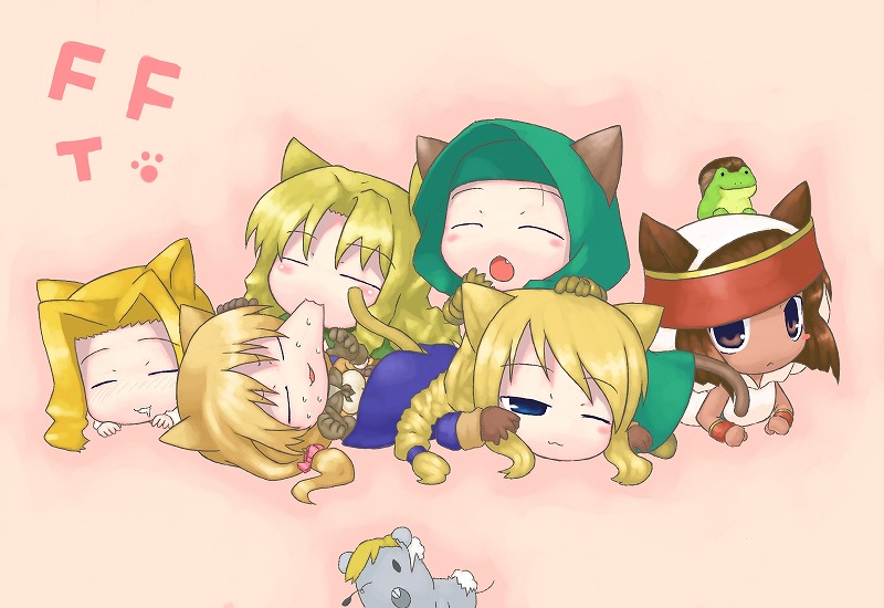 1boy, 5girls, agrias_oaks, alma_beoulve, animal_ears, cat_ears, chibi, final_fantasy, final_fantasy_tactics, frog, kasema_yukinari, kemonomimi_mode, marach_galthena, md5_mismatch, meliadoul_tengille, milleuda_folles, multiple_girls, number, rapha_galthena, reis_duelar