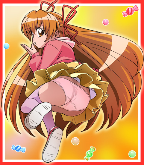 1girl, :o, ass, border, brown_eyes, brown_hair, candy, haruyama_kazunori