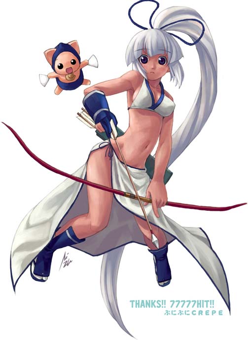 1girl, blue_eyes, bow_(weapon), breasts, champloo, dark_skin, hits, long_hair, majikina_mina, medium_breasts, mizuki_gyokuran, ponytail, samurai_spirits, sideboob, solo, tabi, weapon, white_hair