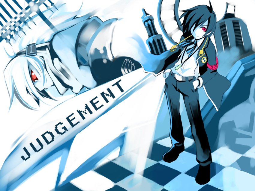 1boy, 1girl, arisato_minato, armband, atlus, blue_hair, digital_media_player, hair_over_one_eye