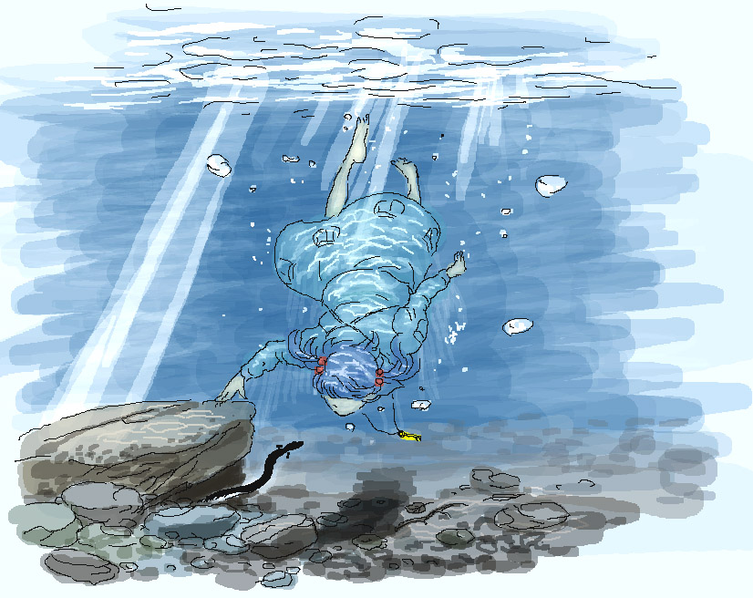 barefoot, blue_hair, eel, eels, kawashiro_nitori, key, kobushi, oekaki, short_hair, touhou, underwater