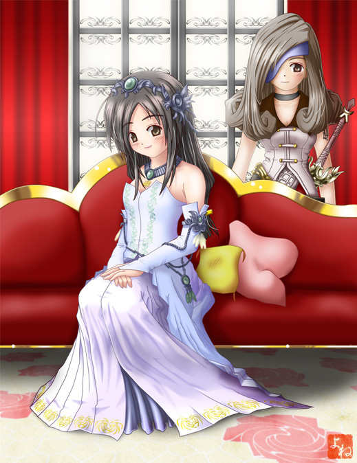 2girls, beatrix, blush, brown_eyes, brown_hair, couch, crown, dress